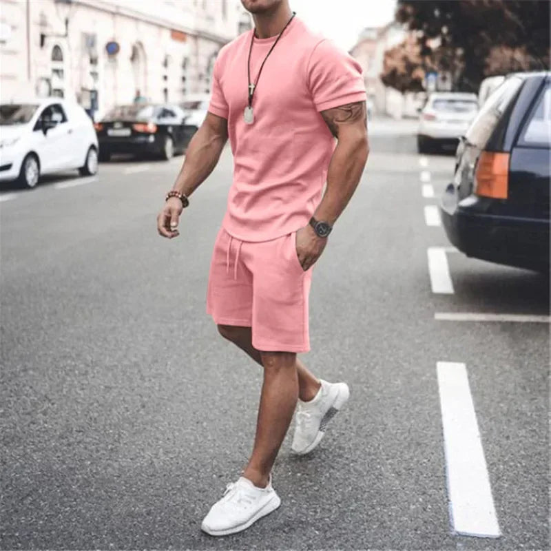 2025 Men's Summer 2PCS Casual Sportswear Suit Sets Solid Fitness Loose Tracksuit Sets Male Short Sleeved Shirts and Shorts Sets