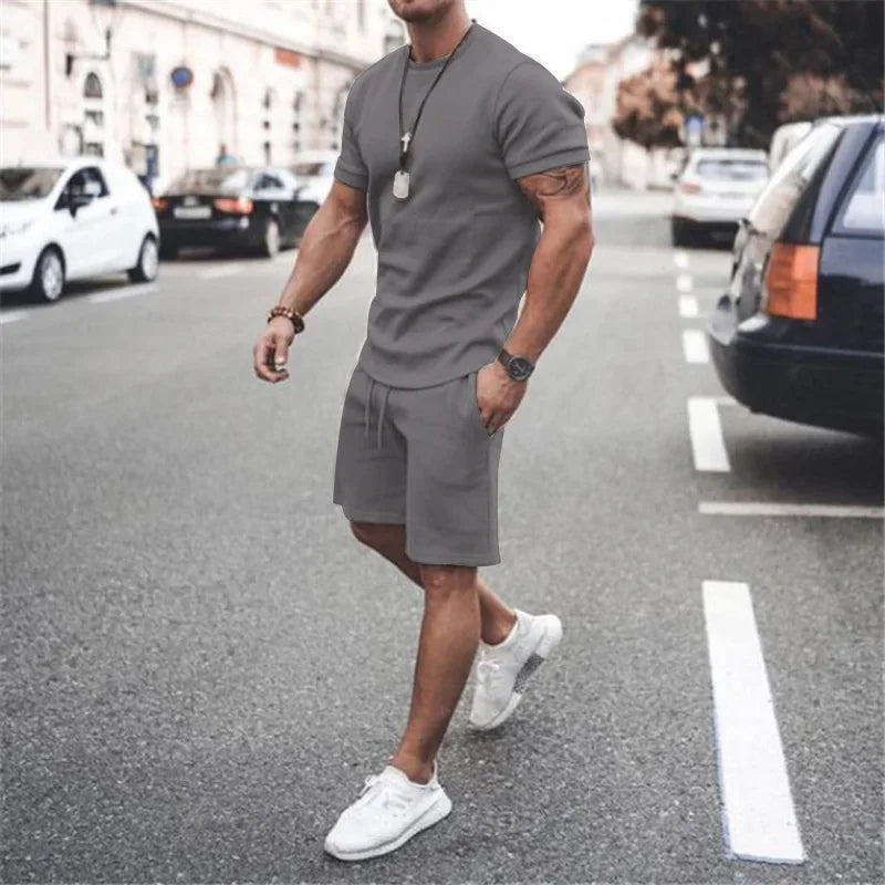 2025 Men's Summer 2PCS Casual Sportswear Suit Sets Solid Fitness Loose Tracksuit Sets Male Short Sleeved Shirts and Shorts Sets