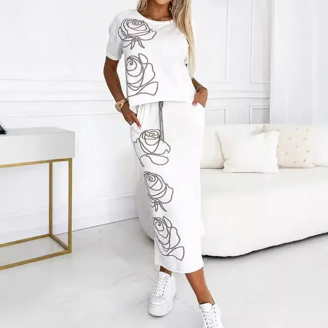 Fashion Women's New Rose Flower Print Dress Two-piece Set Women's T-shirt Top + Skirt Sui't 2-piece Sets