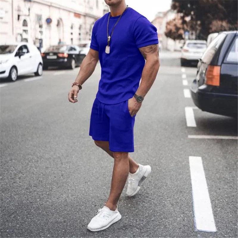 2025 Men's Summer 2PCS Casual Sportswear Suit Sets Solid Fitness Loose Tracksuit Sets Male Short Sleeved Shirts and Shorts Sets