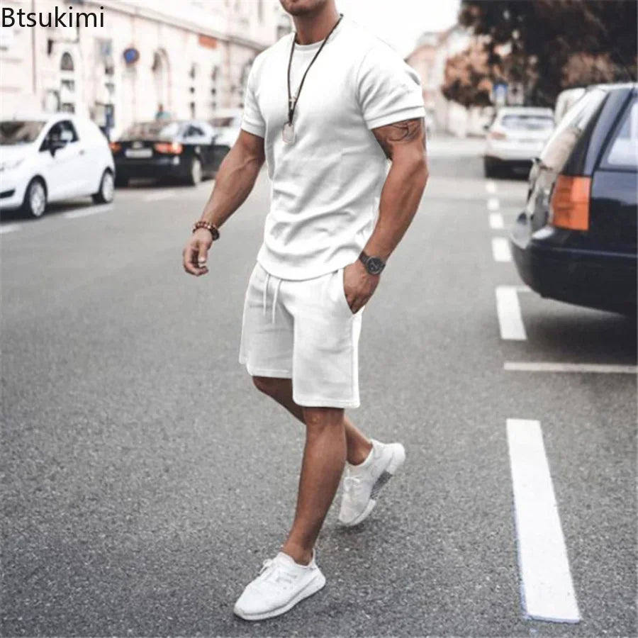 2025 Men's Summer 2PCS Casual Sportswear Suit Sets Solid Fitness Loose Tracksuit Sets Male Short Sleeved Shirts and Shorts Sets