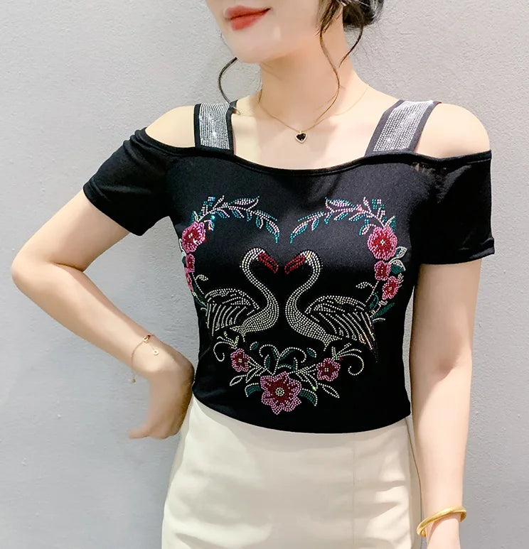 Aoxison Summer Short Sleeved Women's T-Shirt Elegant Slim Shiny Love Heart Diamonds Mesh Tops Chic Girl Sexy Off Shoulder Tees