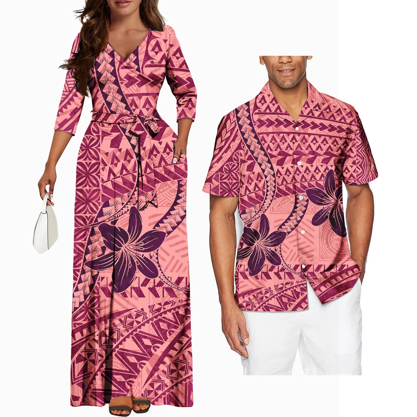 Polynesian Tribal Plumeria Couple Matching Outfits Summer Couple Outfit Set Casual Women Dresses Matching Men Shirt