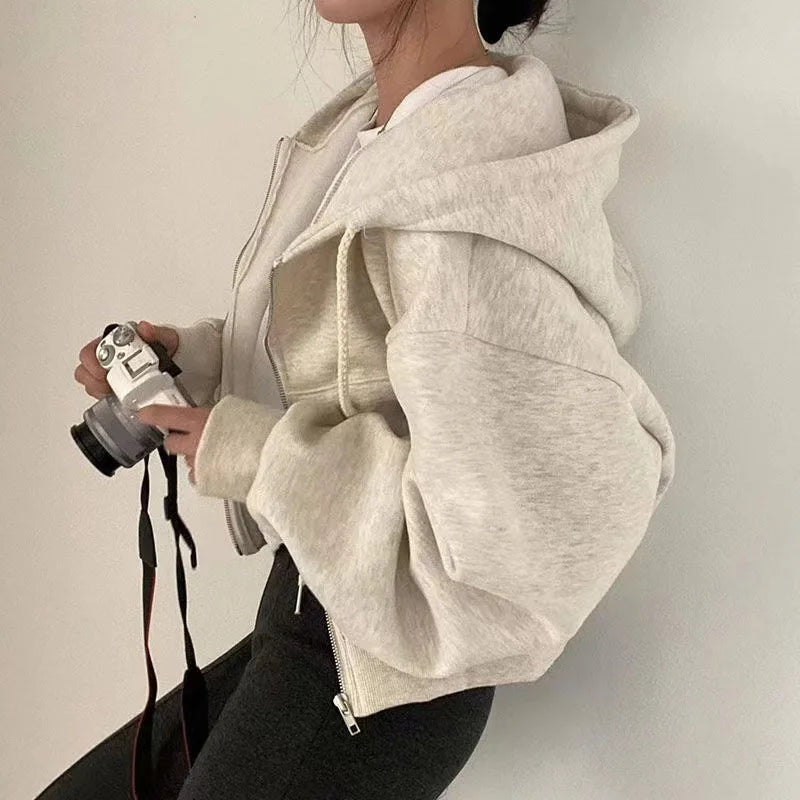 Boxy Hoodie for Women Trendy Sweatshirt Zip Up Hoodies Y2K Coat Tops Oversize Jackets Loose Female Clothing Solid Color Clothes