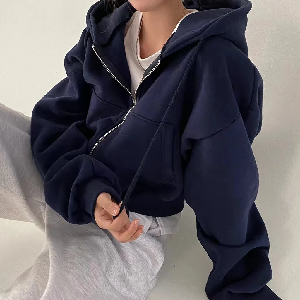 Boxy Hoodie for Women Trendy Sweatshirt Zip Up Hoodies Y2K Coat Tops Oversize Jackets Loose Female Clothing Solid Color Clothes