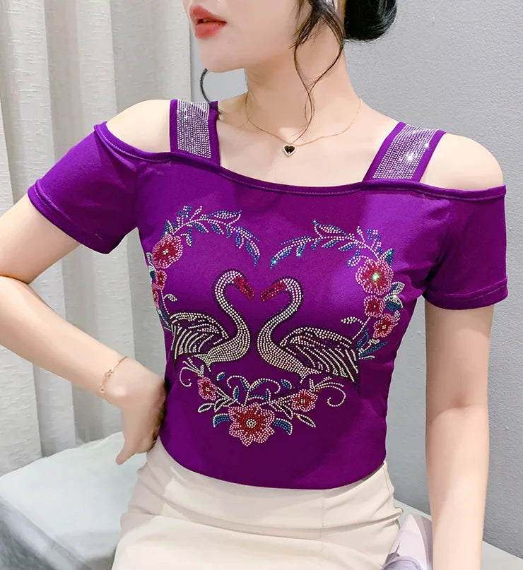 Aoxison Summer Short Sleeved Women's T-Shirt Elegant Slim Shiny Love Heart Diamonds Mesh Tops Chic Girl Sexy Off Shoulder Tees