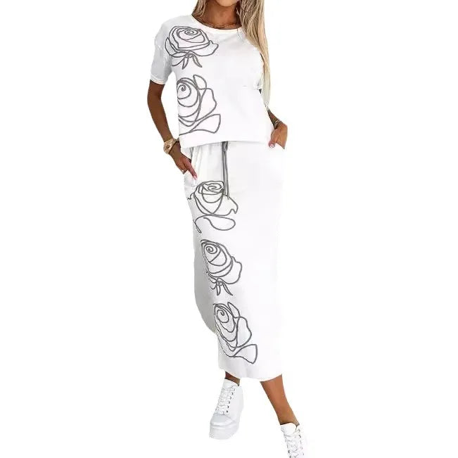 Fashion Women's New Rose Flower Print Dress Two-piece Set Women's T-shirt Top + Skirt Sui't 2-piece Sets