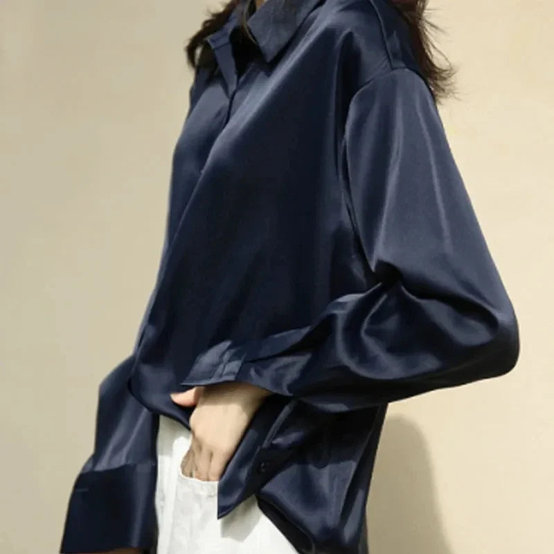 Spring Fashion Button Up Satin Silk Shirt Vintage Blouse Women White Tops Lady Long Sleeves Female Loose Street Shirts 11355