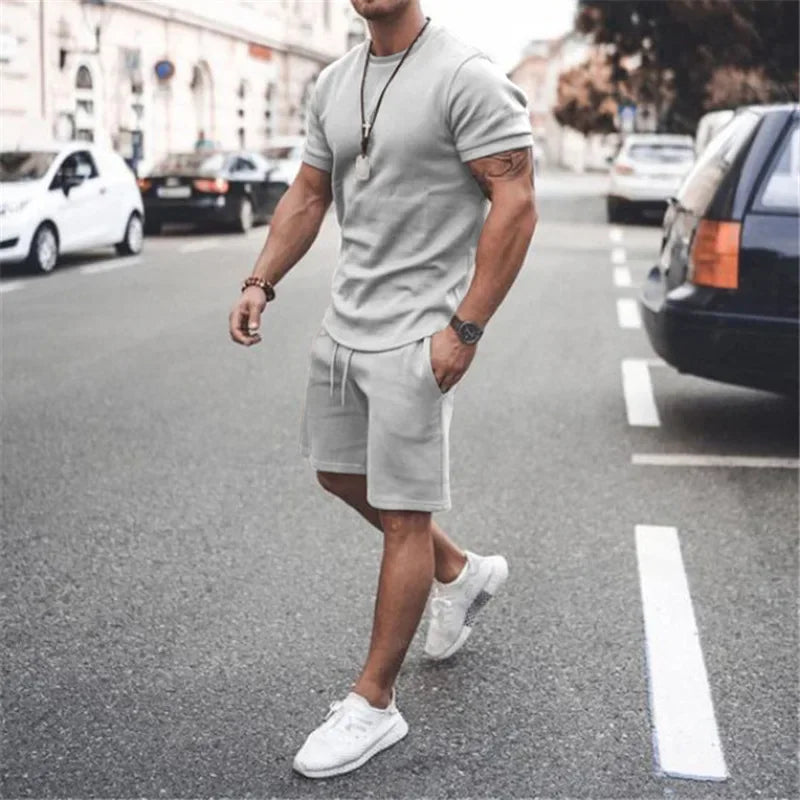 2025 Men's Summer 2PCS Casual Sportswear Suit Sets Solid Fitness Loose Tracksuit Sets Male Short Sleeved Shirts and Shorts Sets