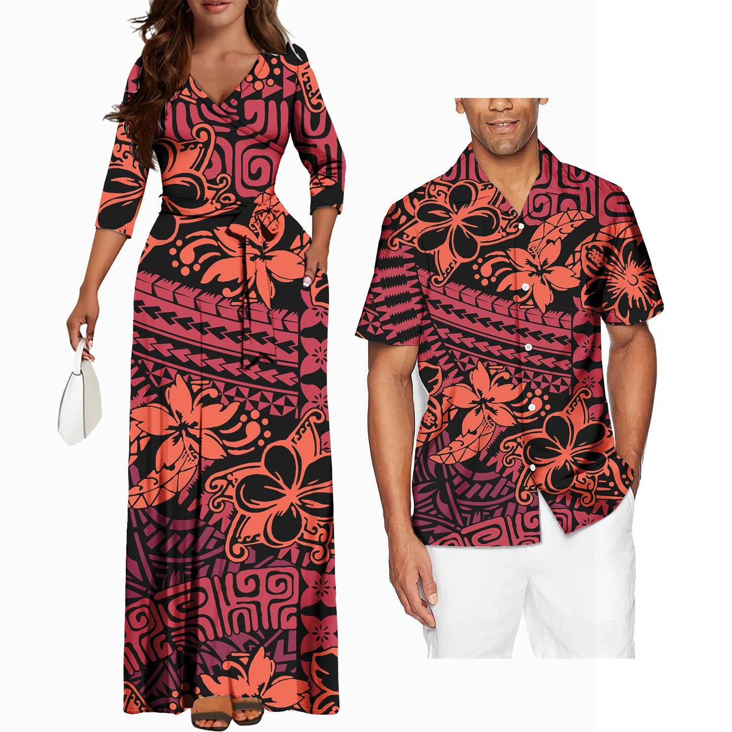 Polynesian Tribal Plumeria Couple Matching Outfits Summer Couple Outfit Set Casual Women Dresses Matching Men Shirt