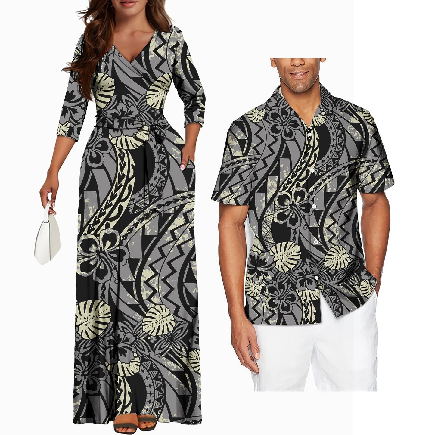 Polynesian Tribal Plumeria Couple Matching Outfits Summer Couple Outfit Set Casual Women Dresses Matching Men Shirt