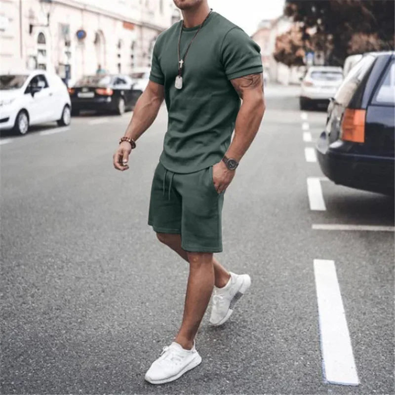 2025 Men's Summer 2PCS Casual Sportswear Suit Sets Solid Fitness Loose Tracksuit Sets Male Short Sleeved Shirts and Shorts Sets