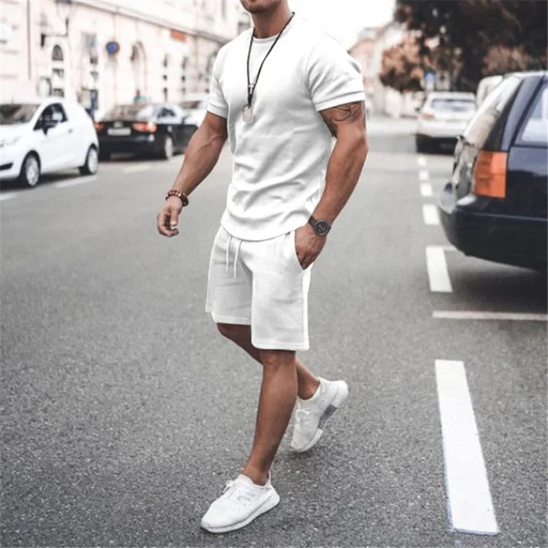 2025 Men's Summer 2PCS Casual Sportswear Suit Sets Solid Fitness Loose Tracksuit Sets Male Short Sleeved Shirts and Shorts Sets