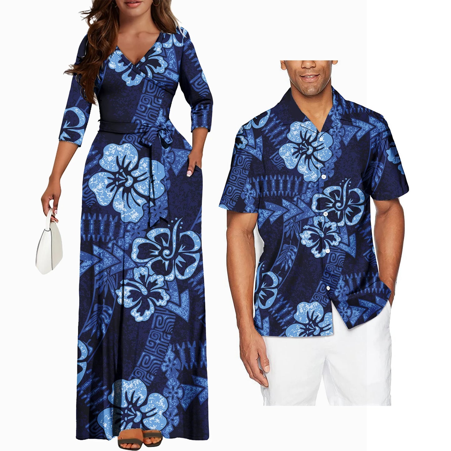 Polynesian Tribal Plumeria Couple Matching Outfits Summer Couple Outfit Set Casual Women Dresses Matching Men Shirt
