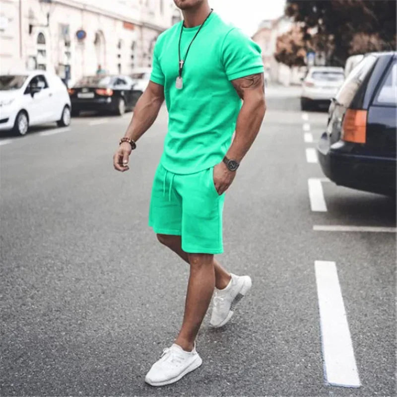 2025 Men's Summer 2PCS Casual Sportswear Suit Sets Solid Fitness Loose Tracksuit Sets Male Short Sleeved Shirts and Shorts Sets