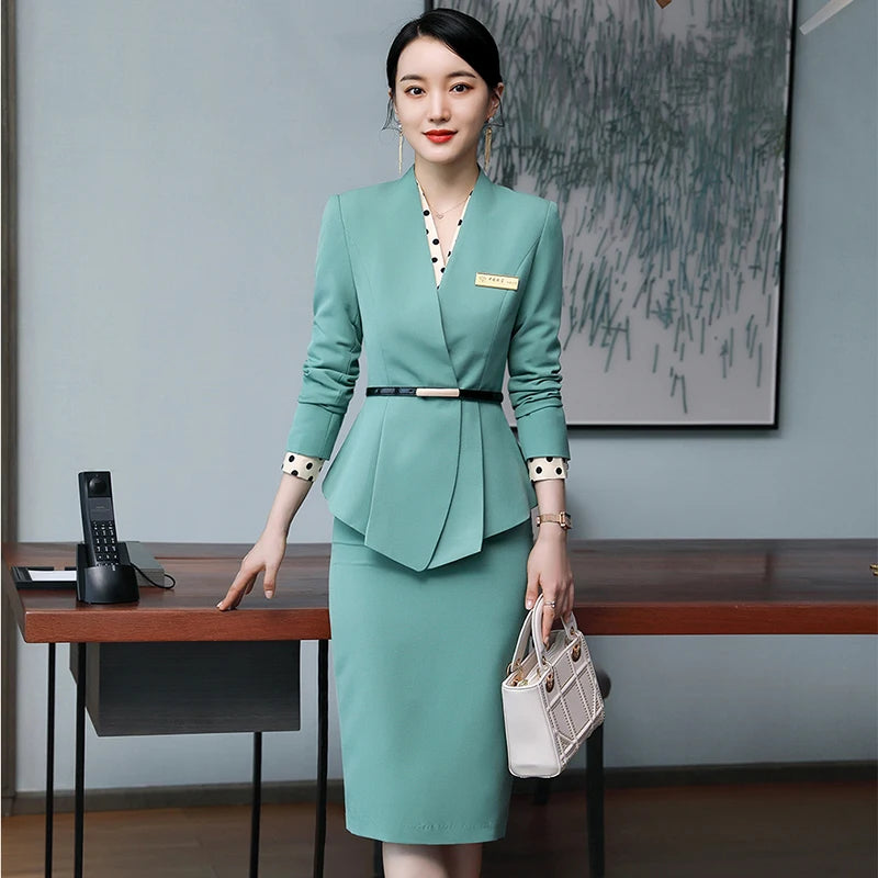 Elegant Ladies Blazer and Skirt Suit Women Green Black Apricot Formal 2 Piece Set High Quality Slim Business Work Wear Clothes