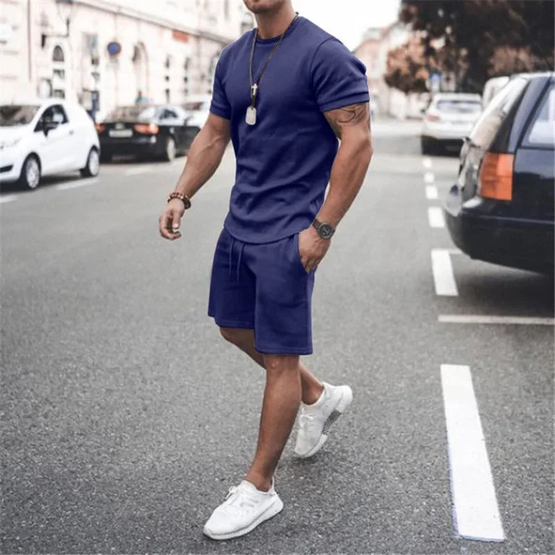 2025 Men's Summer 2PCS Casual Sportswear Suit Sets Solid Fitness Loose Tracksuit Sets Male Short Sleeved Shirts and Shorts Sets
