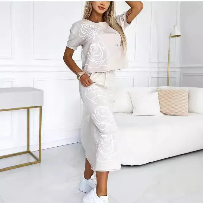 Fashion Women's New Rose Flower Print Dress Two-piece Set Women's T-shirt Top + Skirt Sui't 2-piece Sets