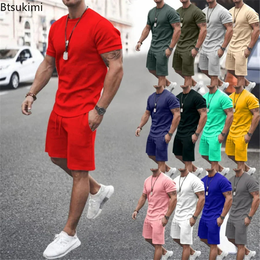 2025 Men's Summer 2PCS Casual Sportswear Suit Sets Solid Fitness Loose Tracksuit Sets Male Short Sleeved Shirts and Shorts Sets