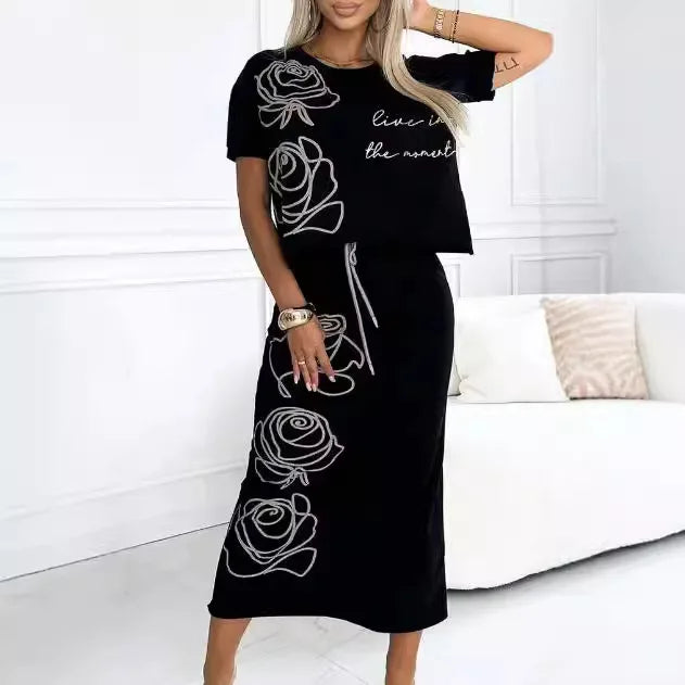 Fashion Women's New Rose Flower Print Dress Two-piece Set Women's T-shirt Top + Skirt Sui't 2-piece Sets