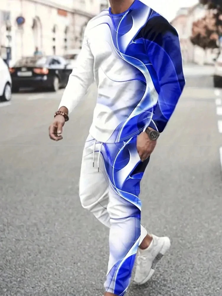 Simple Geometric Print Men's Fall Fashion Casual Crew-neck Tops And Pants Urban Street Fashion Trends Men's Tops And Long Styles