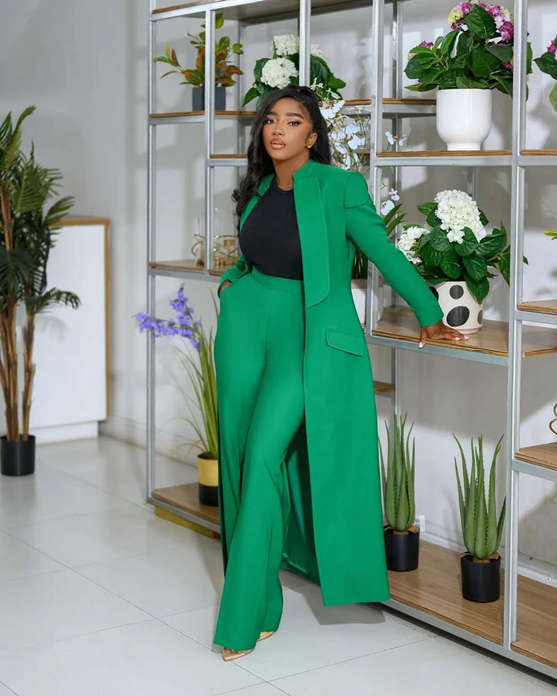 Streetwear Fashion X-Long Blazer Coat and Long Pants Suit 2 Two Piece Set for Women 2025 Spring African Work Business Outfits