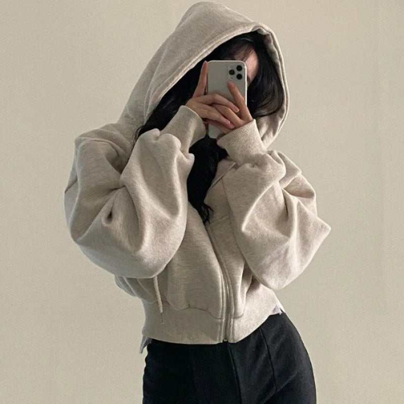 Boxy Hoodie for Women Trendy Sweatshirt Zip Up Hoodies Y2K Coat Tops Oversize Jackets Loose Female Clothing Solid Color Clothes