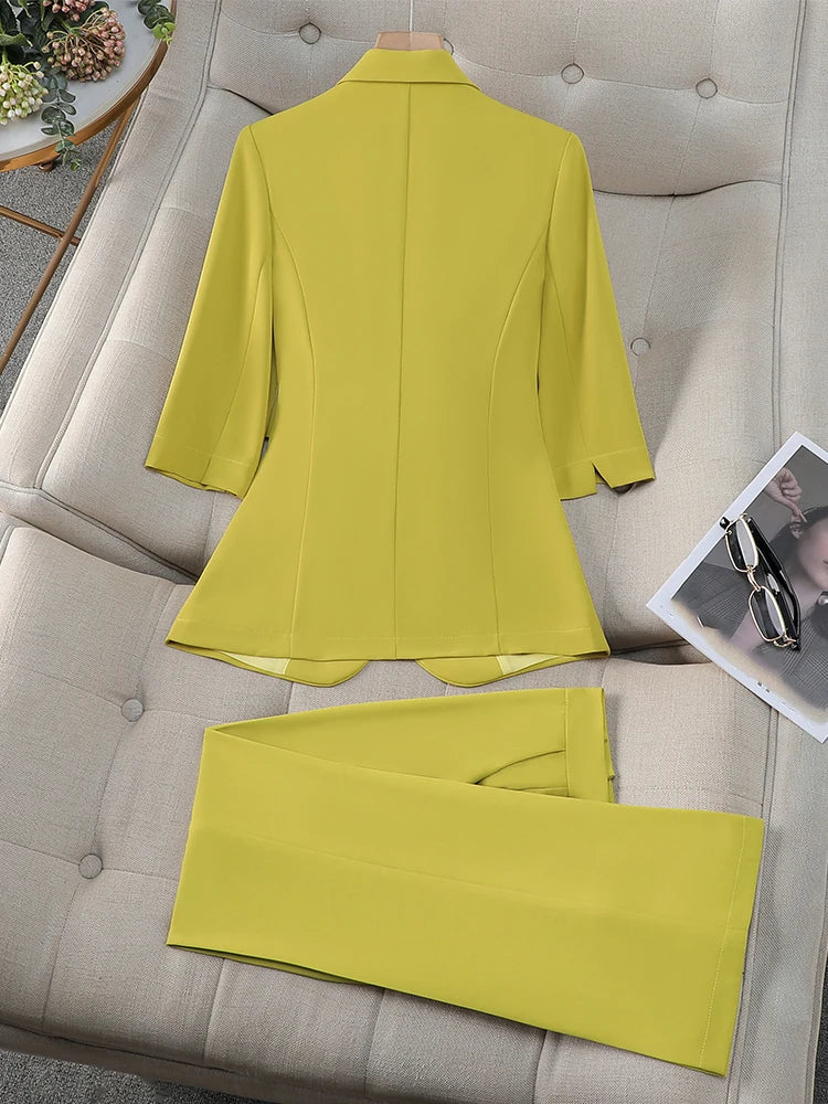 Office Ladies Formal Pant Suit 2 Piece Set Women Pink Yellow White Female Business Work Wear Blazer Jacket And Trouser