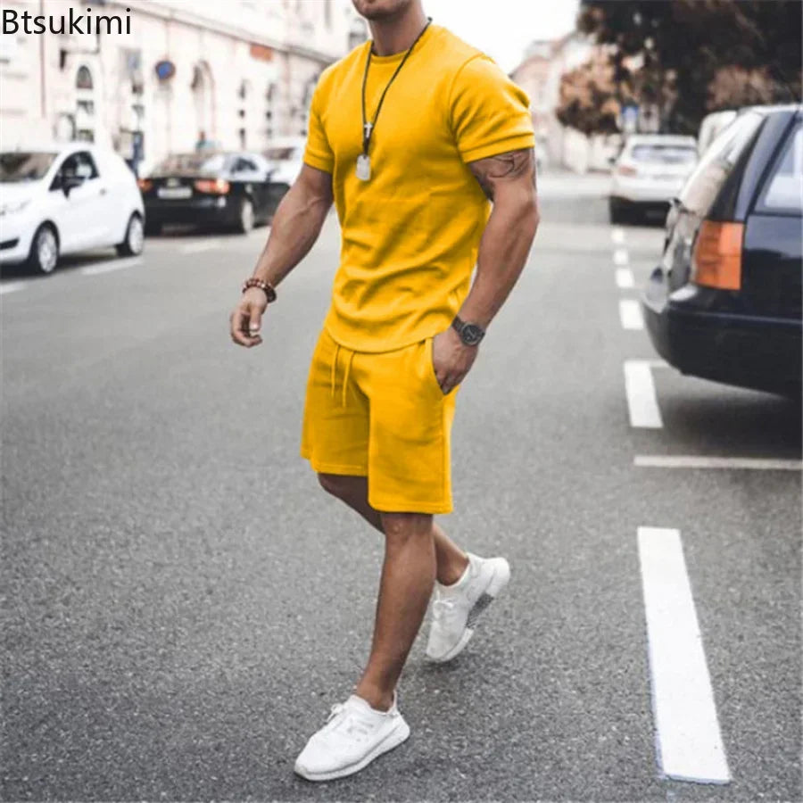 2025 Men's Summer 2PCS Casual Sportswear Suit Sets Solid Fitness Loose Tracksuit Sets Male Short Sleeved Shirts and Shorts Sets