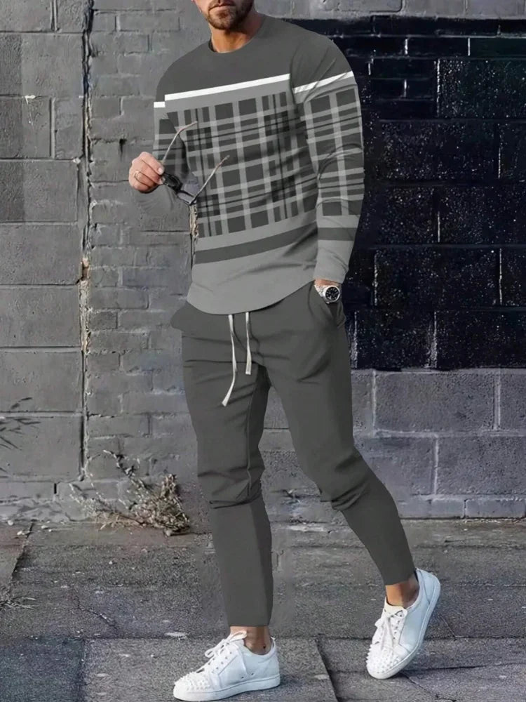 Simple Geometric Print Men's Fall Fashion Casual Crew-neck Tops And Pants Urban Street Fashion Trends Men's Tops And Long Styles