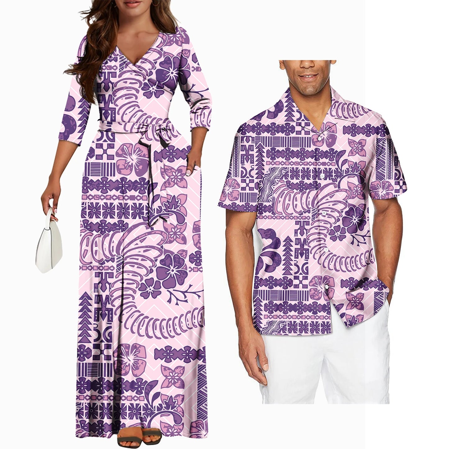 Polynesian Tribal Plumeria Couple Matching Outfits Summer Couple Outfit Set Casual Women Dresses Matching Men Shirt
