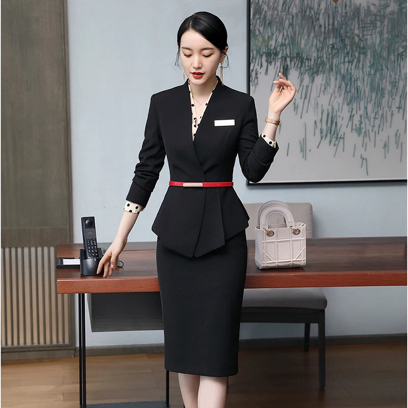 Elegant Ladies Blazer and Skirt Suit Women Green Black Apricot Formal 2 Piece Set High Quality Slim Business Work Wear Clothes