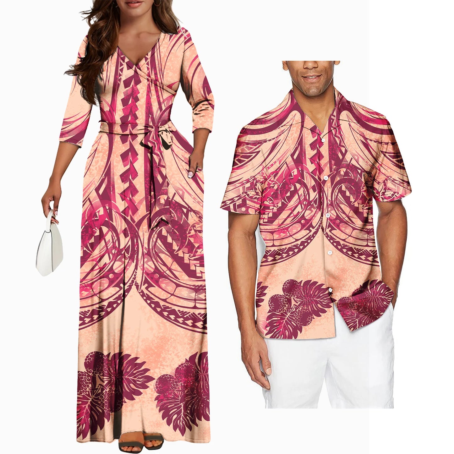 Polynesian Tribal Plumeria Couple Matching Outfits Summer Couple Outfit Set Casual Women Dresses Matching Men Shirt