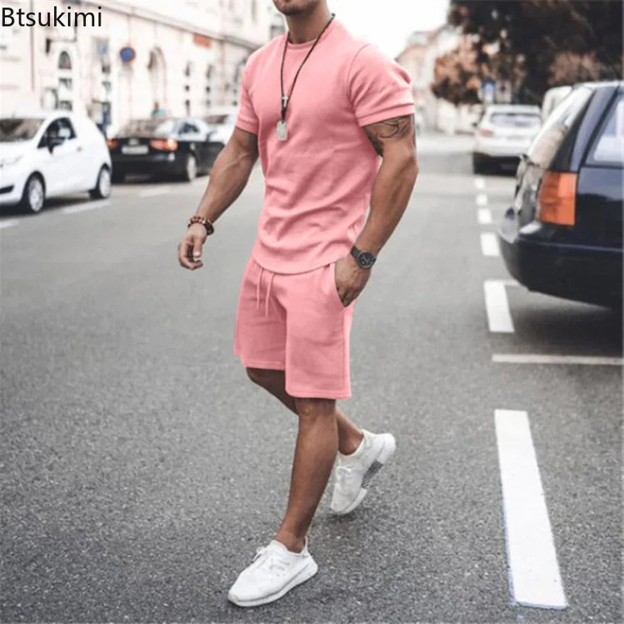 2025 Men's Summer 2PCS Casual Sportswear Suit Sets Solid Fitness Loose Tracksuit Sets Male Short Sleeved Shirts and Shorts Sets