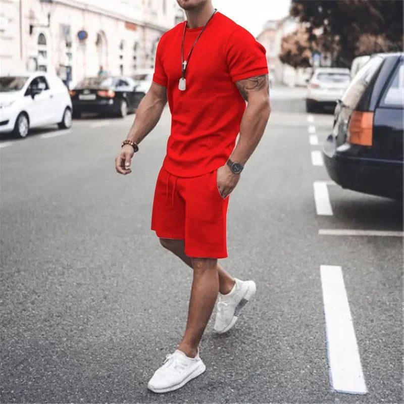 2025 Men's Summer 2PCS Casual Sportswear Suit Sets Solid Fitness Loose Tracksuit Sets Male Short Sleeved Shirts and Shorts Sets