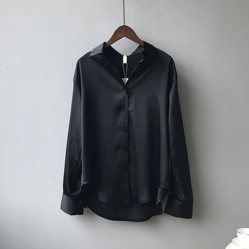 Spring Fashion Button Up Satin Silk Shirt Vintage Blouse Women White Tops Lady Long Sleeves Female Loose Street Shirts 11355