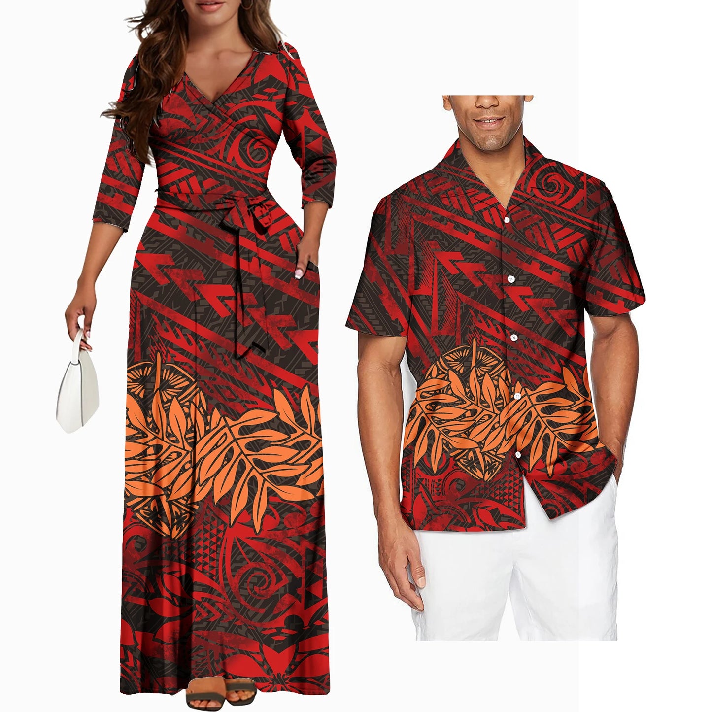 Polynesian Tribal Plumeria Couple Matching Outfits Summer Couple Outfit Set Casual Women Dresses Matching Men Shirt