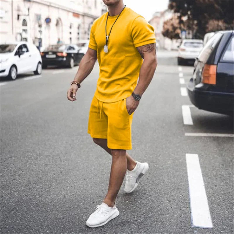 2025 Men's Summer 2PCS Casual Sportswear Suit Sets Solid Fitness Loose Tracksuit Sets Male Short Sleeved Shirts and Shorts Sets