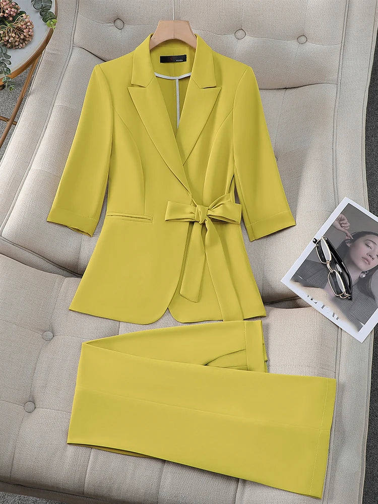 Office Ladies Formal Pant Suit 2 Piece Set Women Pink Yellow White Female Business Work Wear Blazer Jacket And Trouser