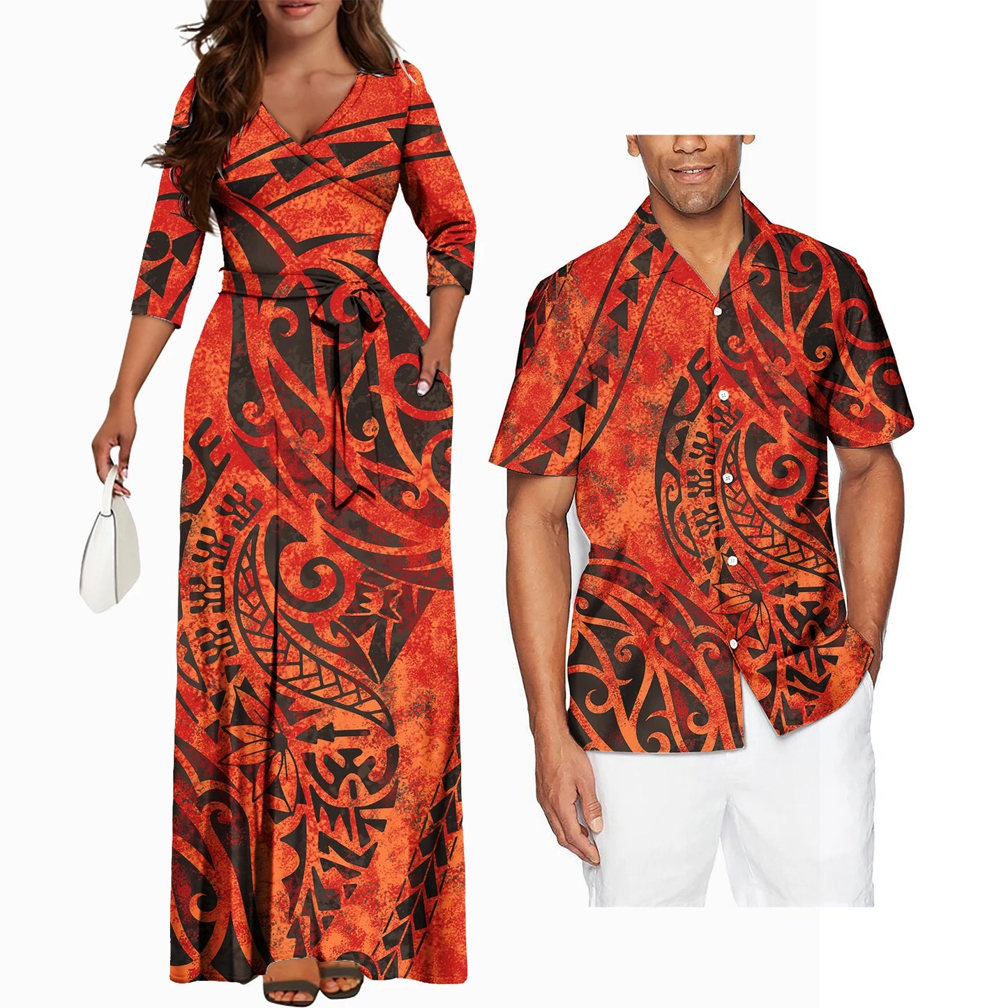 Polynesian Tribal Plumeria Couple Matching Outfits Summer Couple Outfit Set Casual Women Dresses Matching Men Shirt