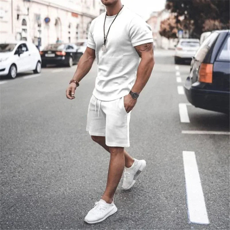 2025 Men's Summer 2PCS Casual Sportswear Suit Sets Solid Fitness Loose Tracksuit Sets Male Short Sleeved Shirts and Shorts Sets