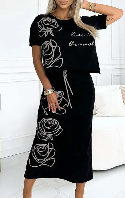 Fashion Women's New Rose Flower Print Dress Two-piece Set Women's T-shirt Top + Skirt Sui't 2-piece Sets