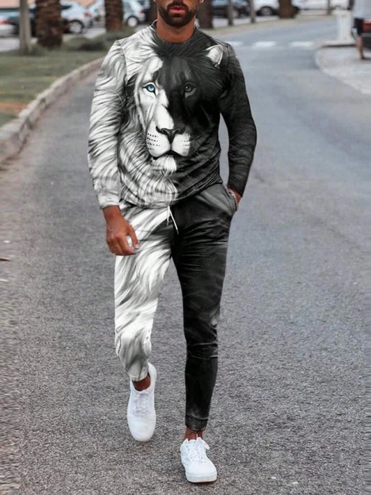 Simple Geometric Print Men's Fall Fashion Casual Crew-neck Tops And Pants Urban Street Fashion Trends Men's Tops And Long Styles