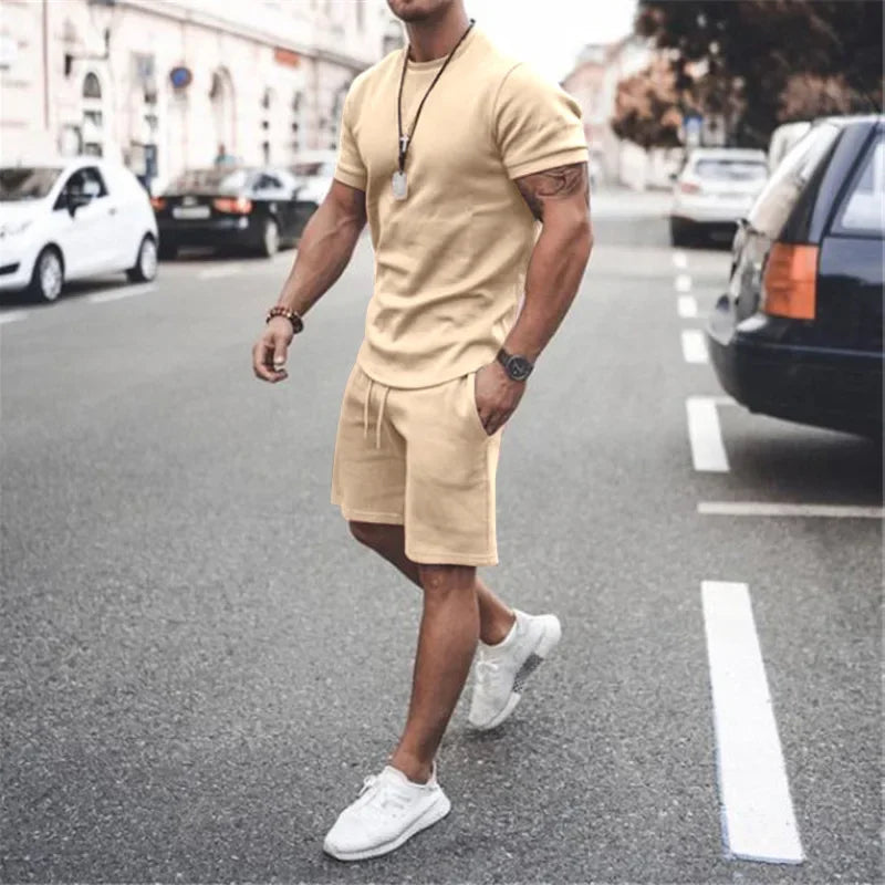 2025 Men's Summer 2PCS Casual Sportswear Suit Sets Solid Fitness Loose Tracksuit Sets Male Short Sleeved Shirts and Shorts Sets