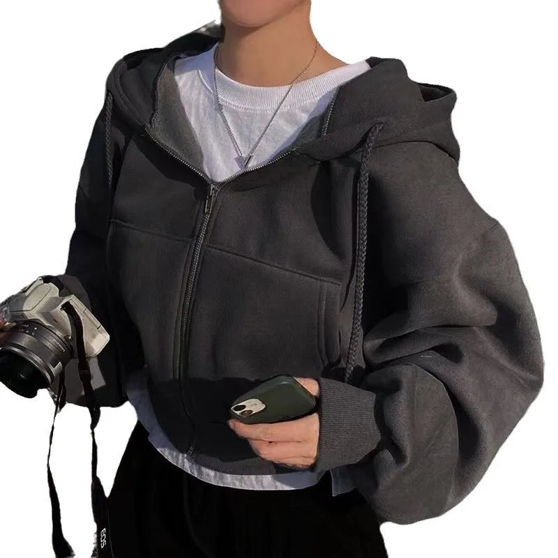 Boxy Hoodie for Women Trendy Sweatshirt Zip Up Hoodies Y2K Coat Tops Oversize Jackets Loose Female Clothing Solid Color Clothes