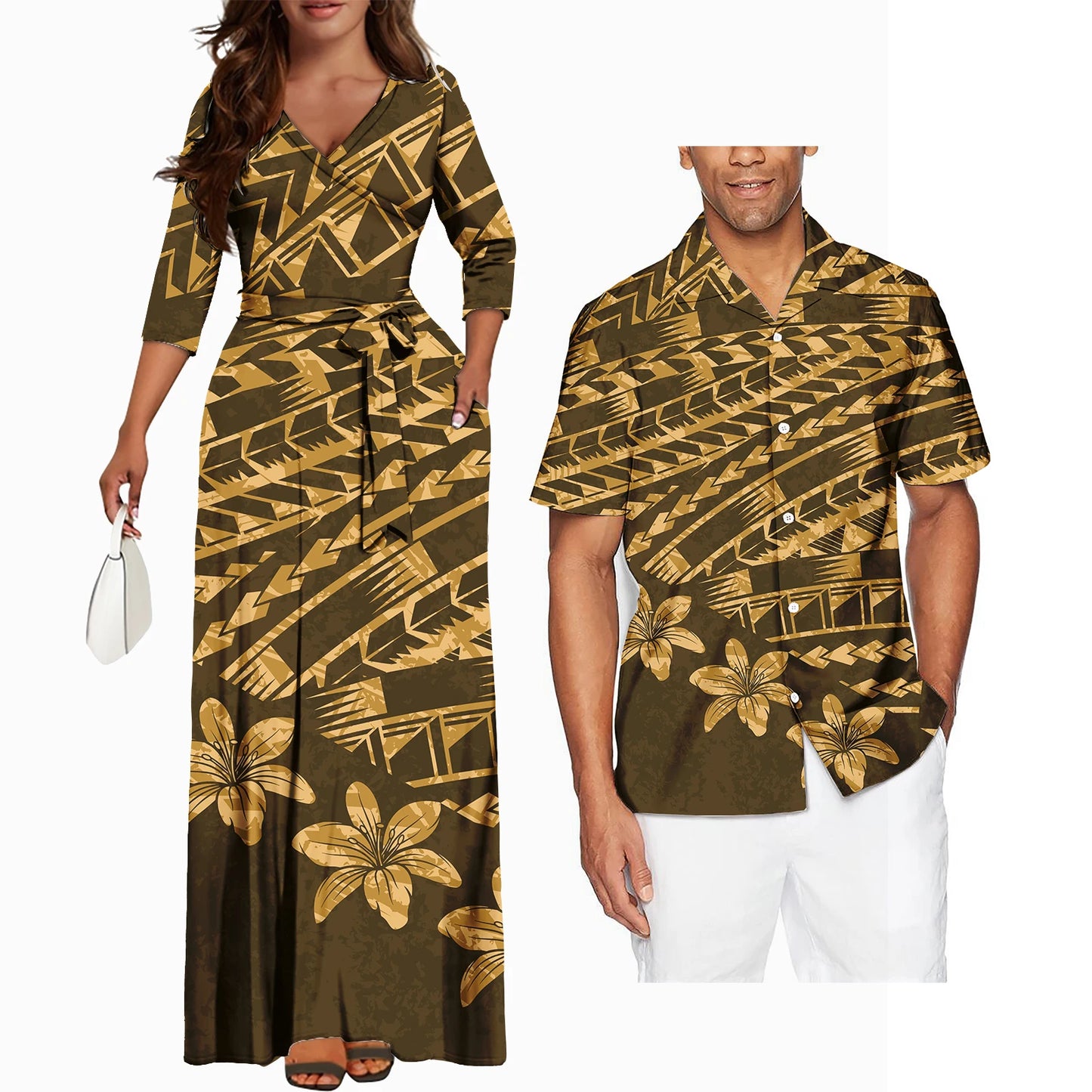 Polynesian Tribal Plumeria Couple Matching Outfits Summer Couple Outfit Set Casual Women Dresses Matching Men Shirt