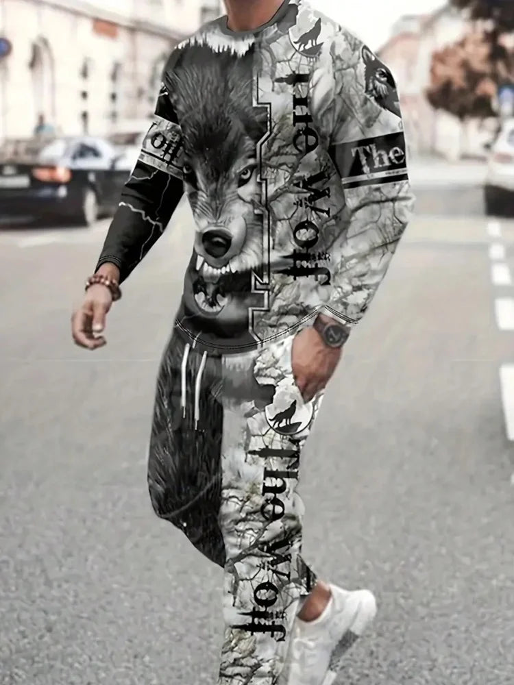 Simple Geometric Print Men's Fall Fashion Casual Crew-neck Tops And Pants Urban Street Fashion Trends Men's Tops And Long Styles