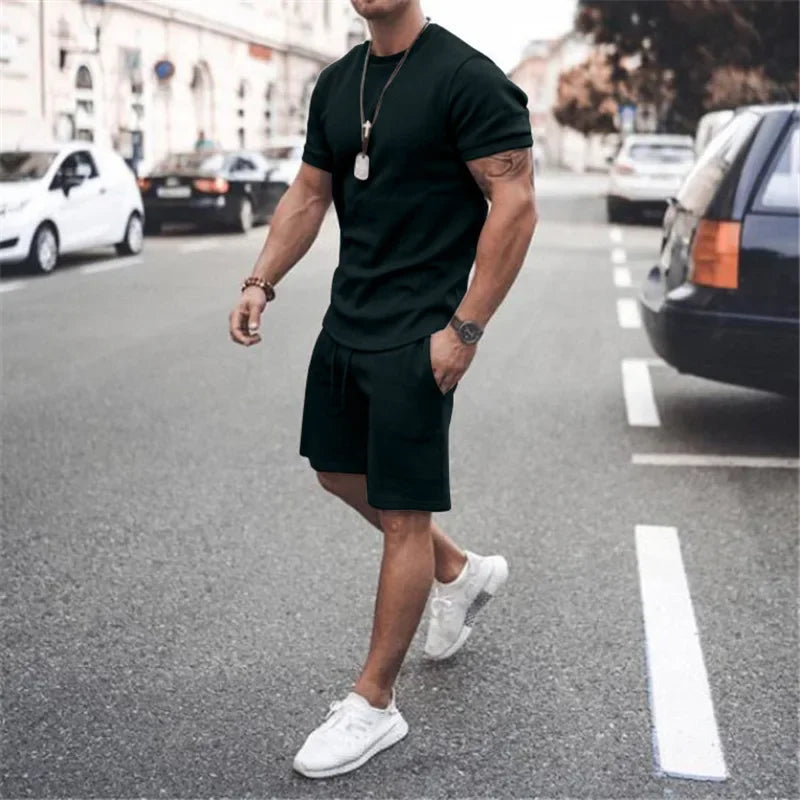 2025 Men's Summer 2PCS Casual Sportswear Suit Sets Solid Fitness Loose Tracksuit Sets Male Short Sleeved Shirts and Shorts Sets