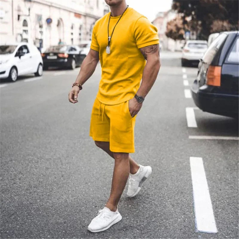 2025 Men's Summer 2PCS Casual Sportswear Suit Sets Solid Fitness Loose Tracksuit Sets Male Short Sleeved Shirts and Shorts Sets