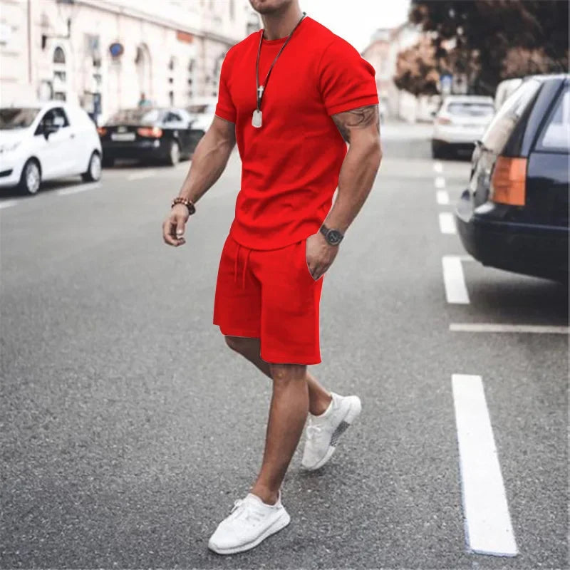2025 Men's Summer 2PCS Casual Sportswear Suit Sets Solid Fitness Loose Tracksuit Sets Male Short Sleeved Shirts and Shorts Sets